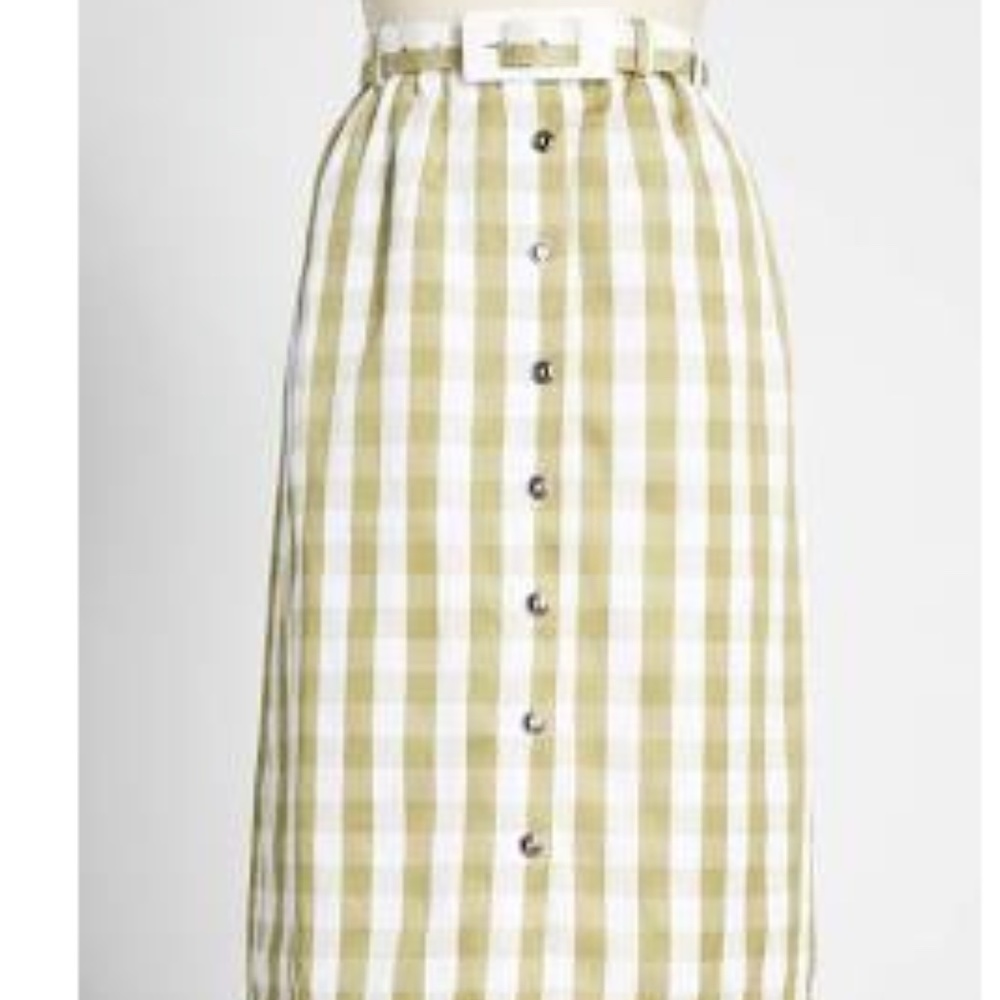 Modcloth Past But Not Least Belted Skirt Retro Green Gingham High Waisted W Belt